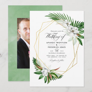 Tropical Greenery Geometric Wedding Photo Invitation