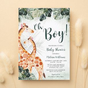 Tropical Greenery Giraffe Oh Boy Baby Shower Invitation