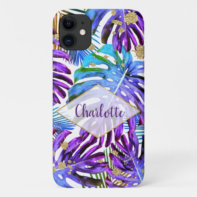 Tropical Greenery Glitter Purple Leaf Pattern Name Case-Mate iPhone Case (Back)