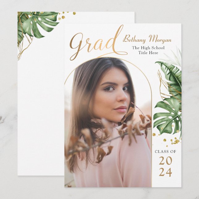 Tropical Greenery Gold Arch Photo Graduation Announcement (Front/Back)