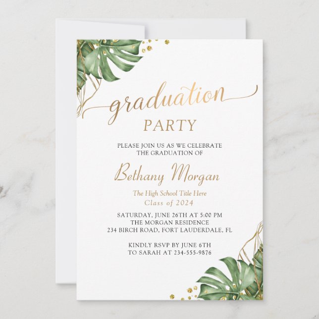 Tropical Greenery Gold Arch Photo Graduation Party Invitation (Front)