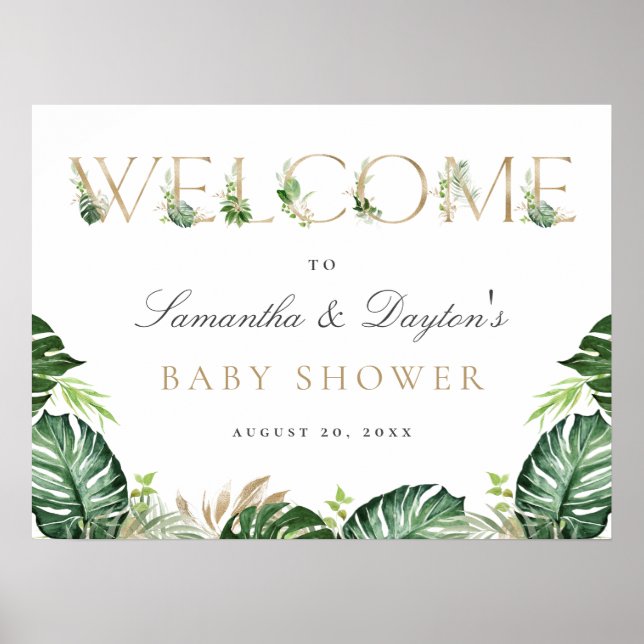 Tropical Greenery Gold Baby Shower Welcome Sign (Front)