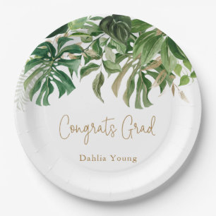 Tropical Greenery Gold Congrats Grad Graduation Paper Plate