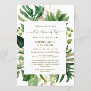 Tropical Greenery Gold Funeral Memorial Invitation