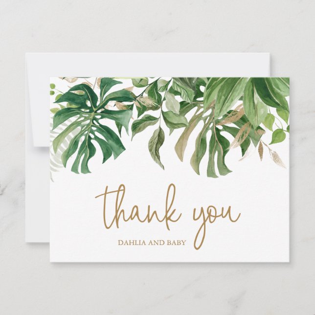 Tropical Greenery Gold Gender Neutral Baby Shower Thank You Card (Front)