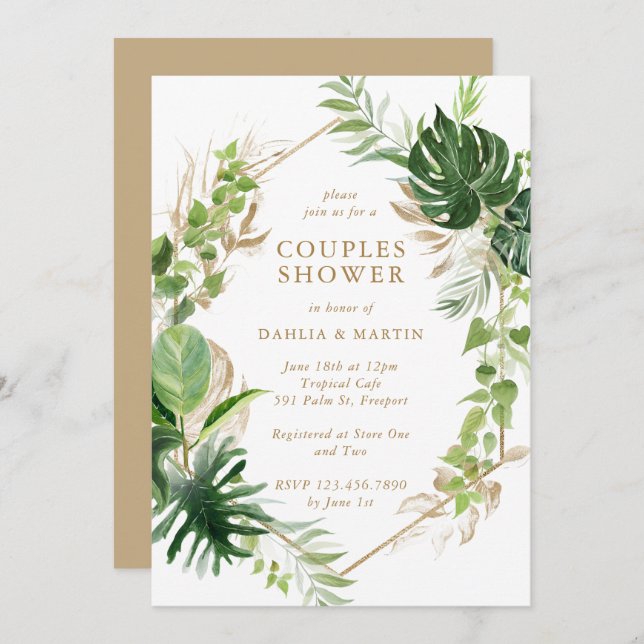 Tropical Greenery Gold Geometric Couples Shower Invitation (Front/Back)