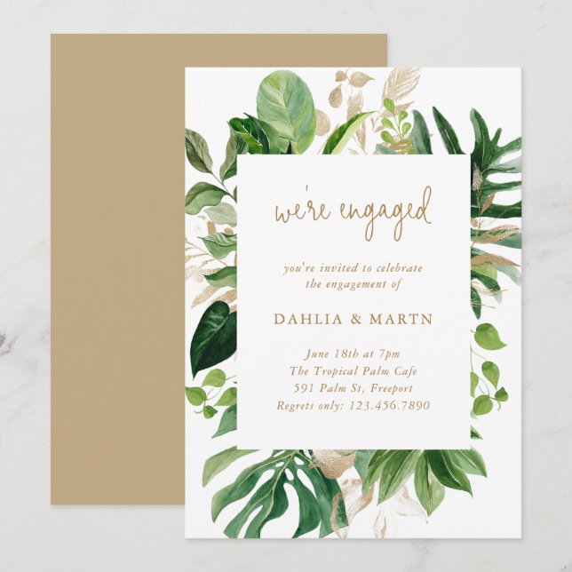 Tropical Greenery Gold Geometric Engagement Party Invitation (Front/Back)