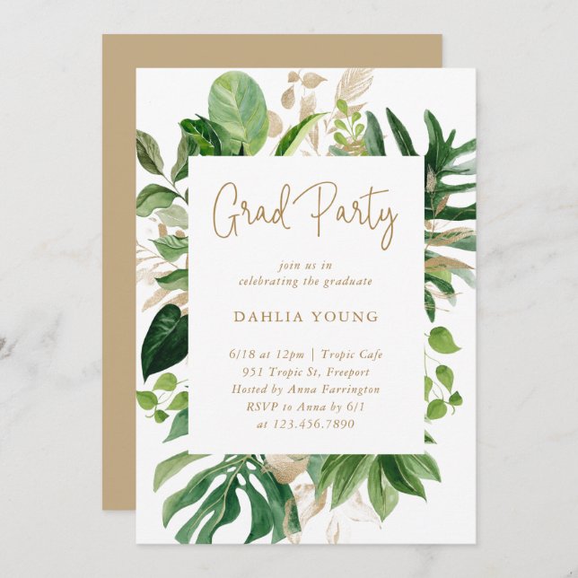 Tropical Greenery Gold Geometric Graduation Party Invitation (Front/Back)