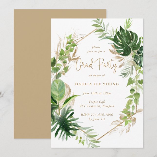 Tropical Greenery Gold Geometric Graduation Party Invitation (Front/Back)