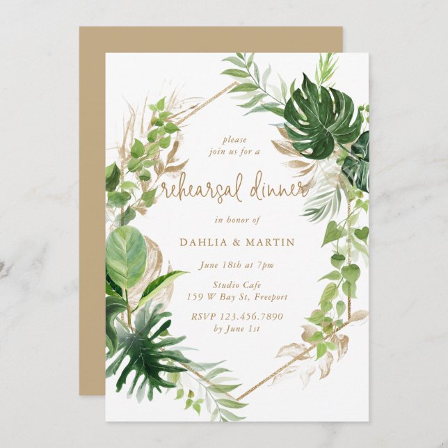 Tropical Greenery Gold Geometric Rehearsal Dinner Invitation (Front/Back)