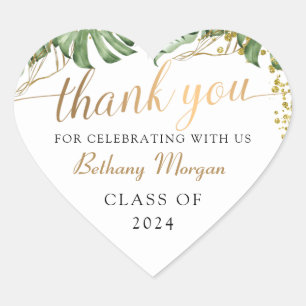 Tropical Greenery Gold Graduation Thank You Heart Sticker