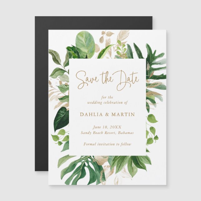 Tropical Greenery Gold Modern Save the Date Magnetic Invitation (Front/Back)