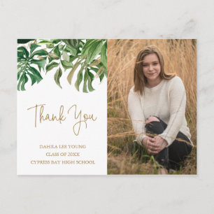 Tropical Greenery Gold Photo Graduation Thank You Postcard
