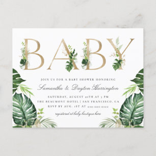 Tropical Greenery Gold Typography Baby Shower Invitation Postcard