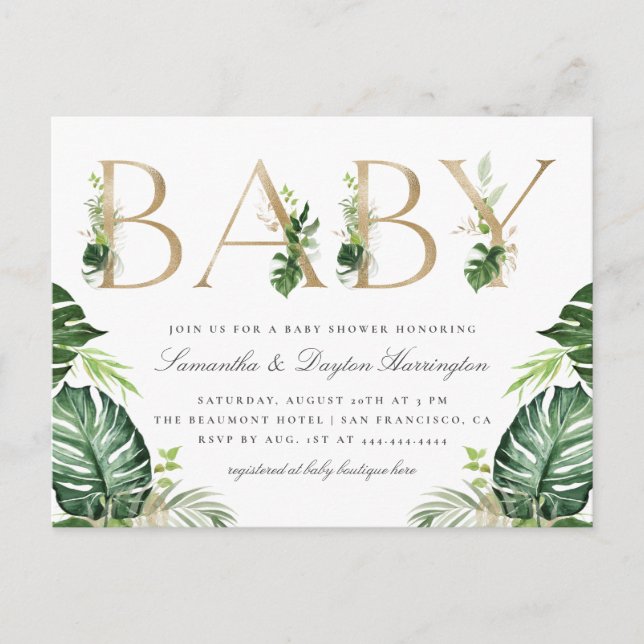 Tropical Greenery Gold Typography Baby Shower Invitation Postcard (Front)