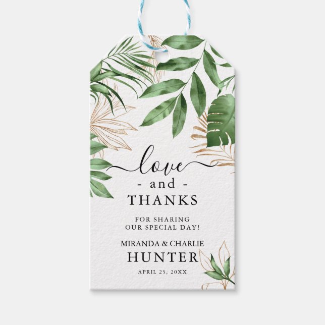 Tropical Greenery & Gold Wedding Love & Thanks Gift Tags (Front)