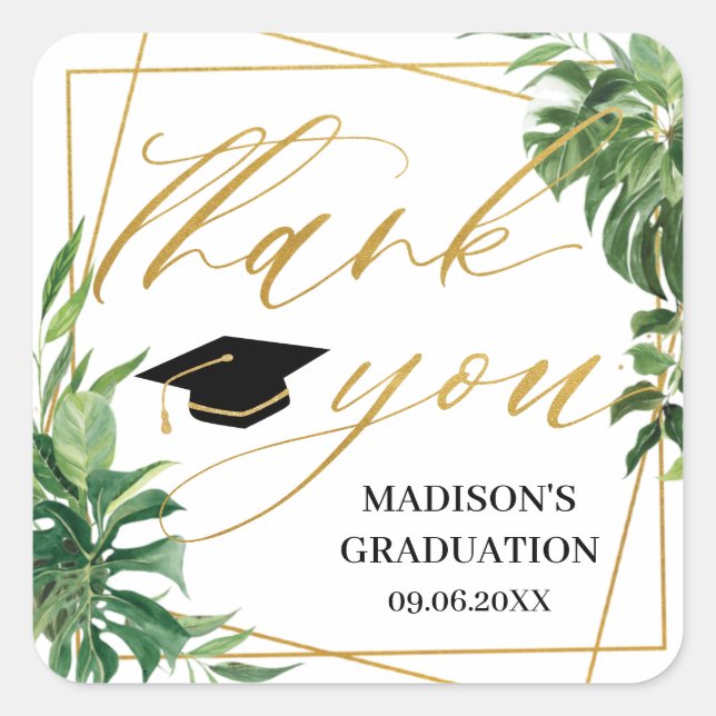 Tropical Greenery Graduation Gold Geometric Favour Square Sticker (Front)