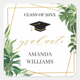 Tropical Greenery Graduation Gold Geometric Favour Square Sticker