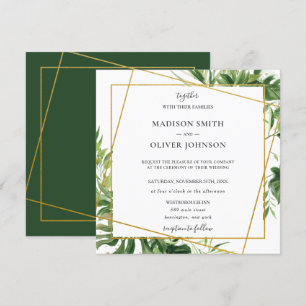 Tropical Greenery Leafy Gold Geometric Wedding  Invitation
