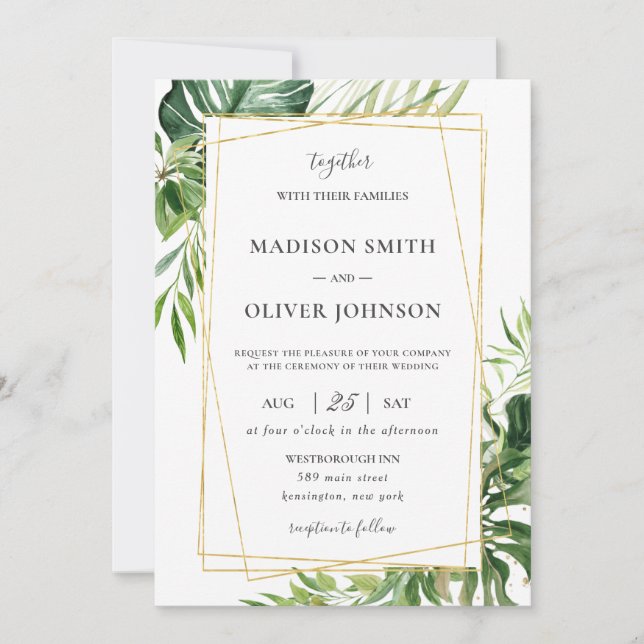 Tropical Greenery Leafy Gold Geometric Wedding  Invitation (Front)