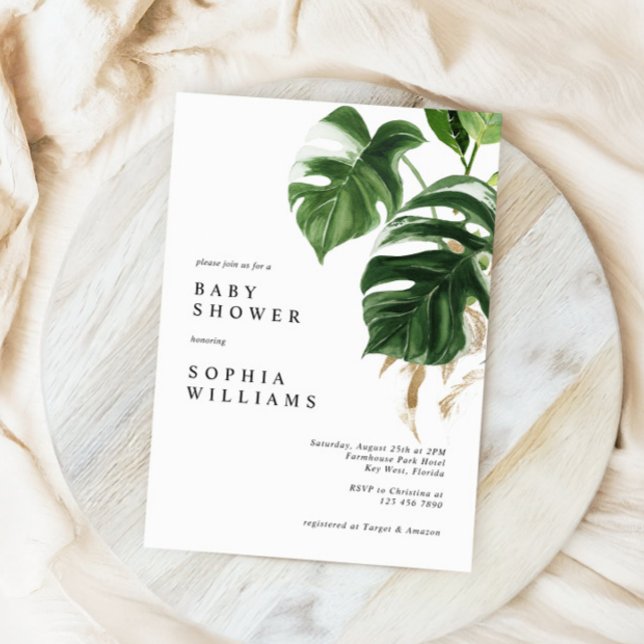 Tropical Greenery Leaves Modern Baby Shower Invitation (Creator Uploaded)