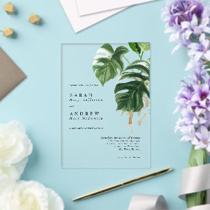 Tropical Greenery Leaves Modern Minimal Wedding Acrylic Invitations