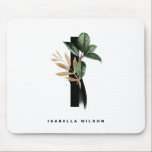 Tropical Greenery Letter I Monogram Personalised Mouse Mat<br><div class="desc">Customisable letter I monogram mousepad featuring watercolor tropical rubber plant leaf,  faux gold foil leaf and black watercolor brush accents. Personalise this tropical monogram mousepad by your name or other details. This boho letter I monogram mousepad will be perfect as a gift. Other letters are available.</div>