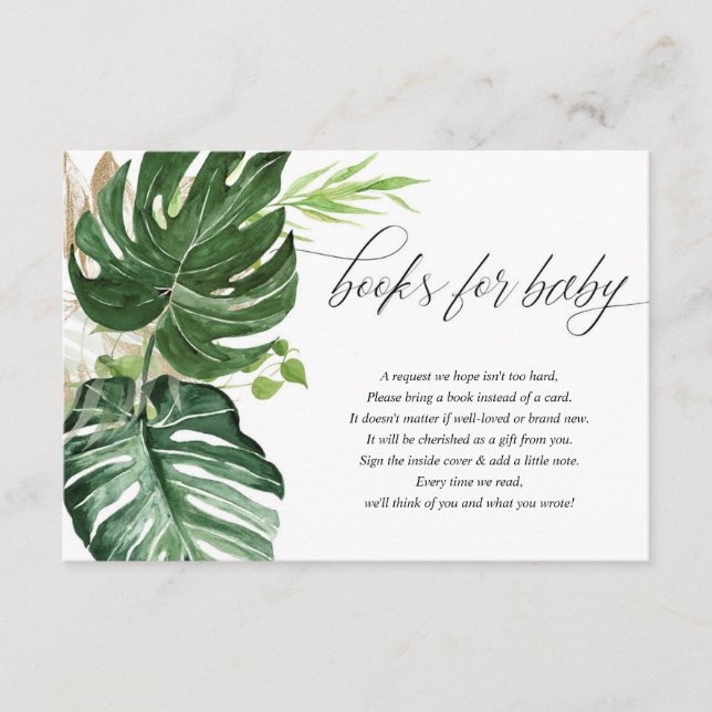 Tropical greenery monstera leaves books for baby enclosure card (Front)