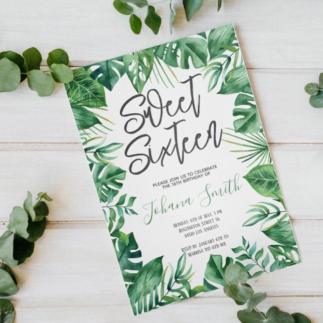 Tropical Greenery Monstera Sweet Sixteen Birthday Invitation (Creator Uploaded)