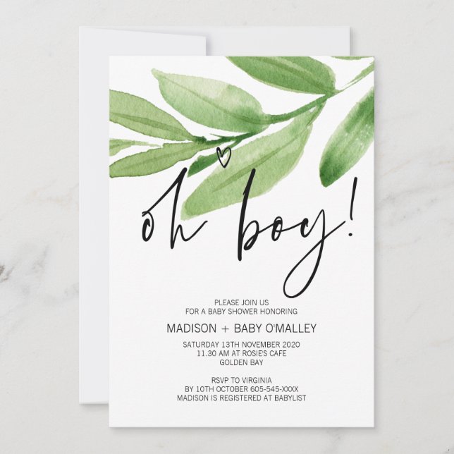 Tropical Greenery Oh Boy Baby Shower Party Invitation (Front)