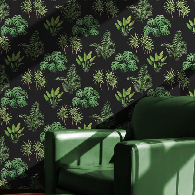 Tropical Greenery on Black Pattern Wallpaper (Moody Tropical Greenery Pattern on Black Wallpaper)