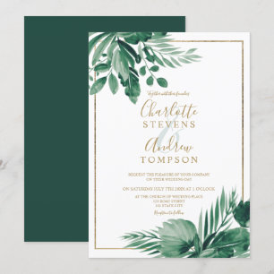 Tropical greenery palm  floral watercolor wedding invitation