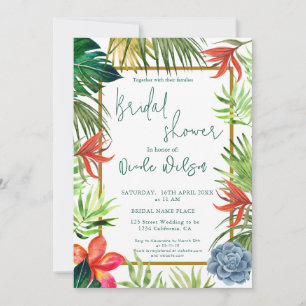Tropical greenery palm gold script bridal shower invitation