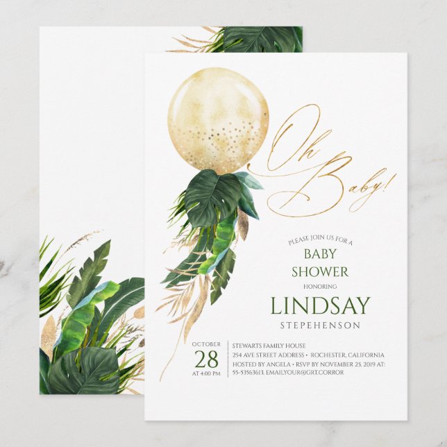 Tropical Greenery Palm Leaves Gold Balloon Oh Baby Invitation (Front/Back)