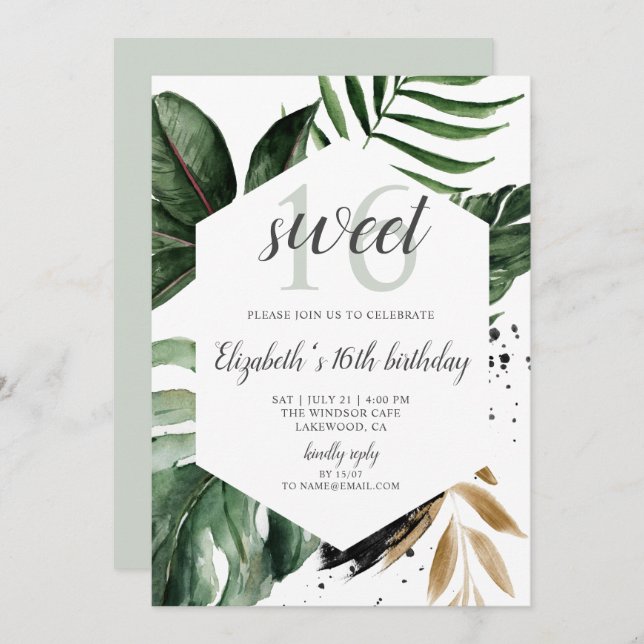 Tropical Greenery Palm Leaves Sweet 16 Invitation (Front/Back)