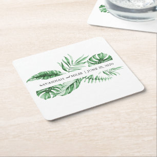 Tropical Greenery Palm Wedding Monogram Square Paper Coaster
