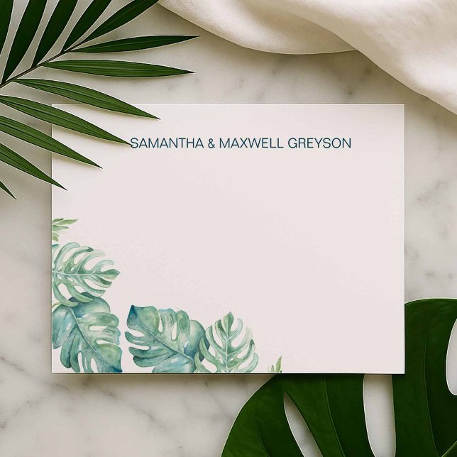 Tropical Greenery Personalised Stationery Card (Personalized notecards designed with hand painted monstera palm leaves. )