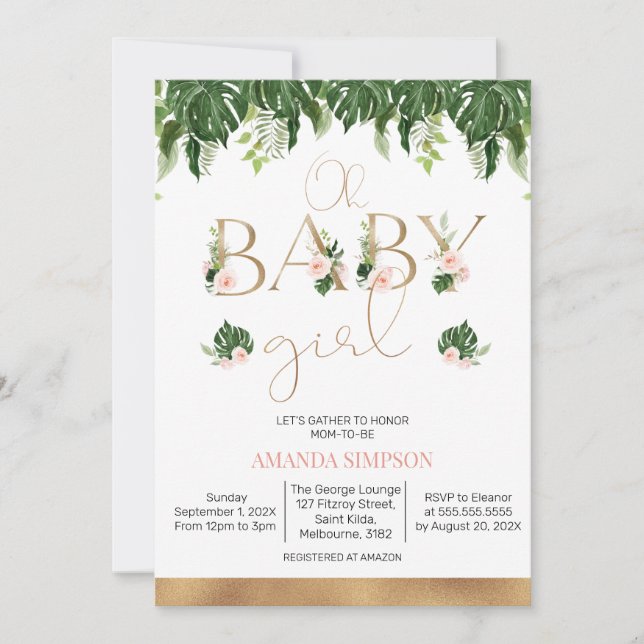 Tropical Greenery Pink Floral Baby Shower  Invitation (Front)