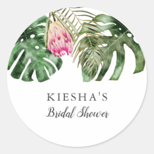 Tropical Greenery Pink Floral Bridal Shower Classic Round Sticker
