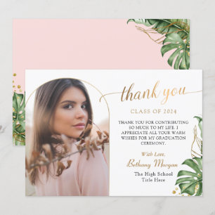 Tropical Greenery Pink Gold Arch Photo Graduation Thank You Card