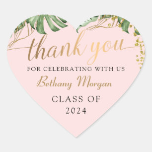 Tropical Greenery Pink Gold Graduation Thank You Heart Sticker