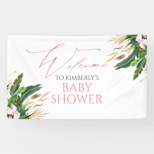 Tropical Greenery Pink Orchids Baby Shower Welcome Banner