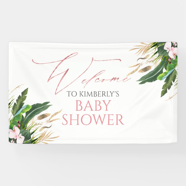 Tropical Greenery Pink Orchids Baby Shower Welcome Banner (Horizontal)