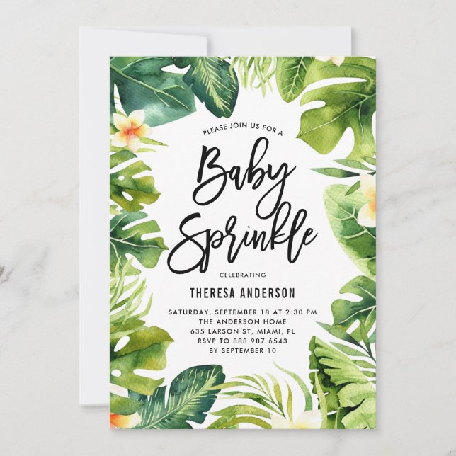Tropical Greenery & Plumeria Baby Sprinkle Shower Invitation (Front)