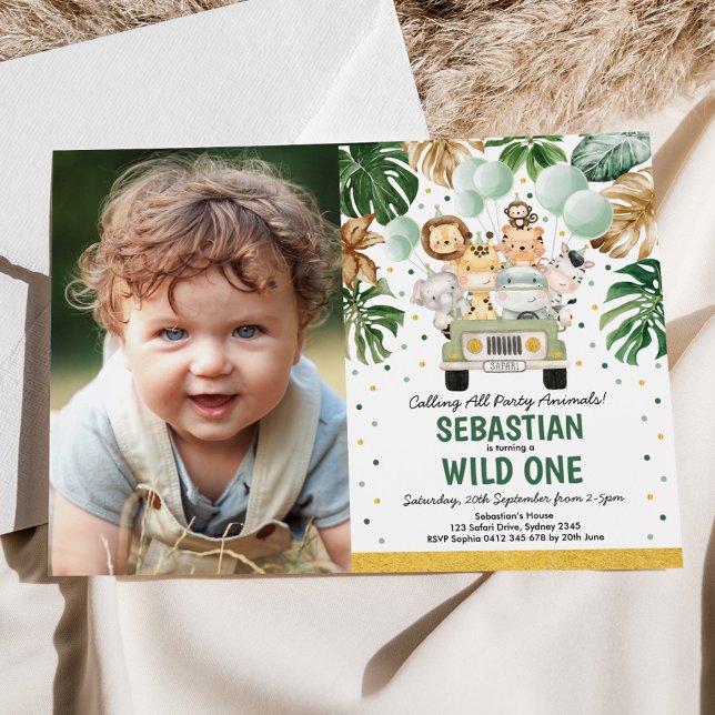 Tropical Greenery Safari Animals Wild One Birthday Invitation (Creator Uploaded)