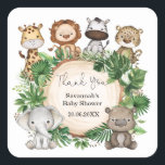 Tropical Greenery Safari Jungle Baby Animals Favou Square Sticker<br><div class="desc">This design features rustic watercolor botanical greenery and adorable jungle animals</div>