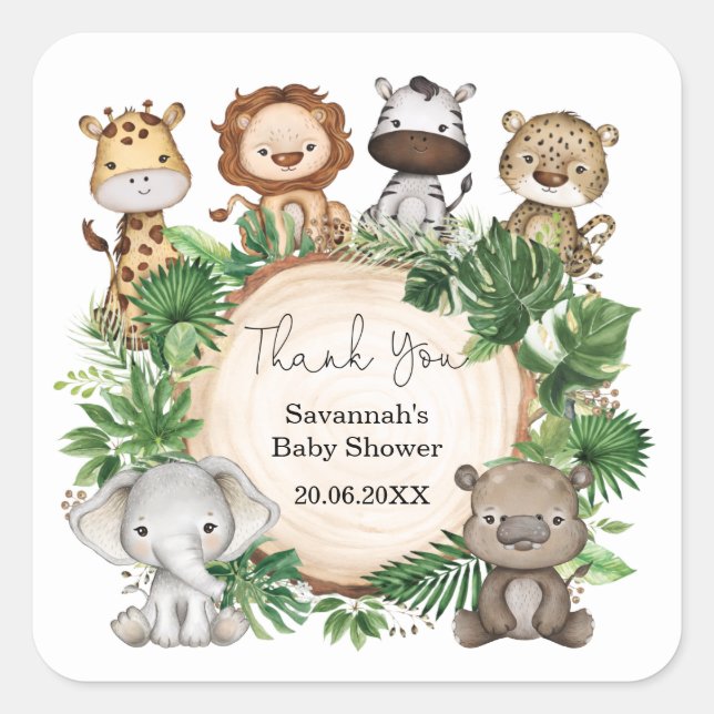 Tropical Greenery Safari Jungle Baby Animals Favou Square Sticker (Front)