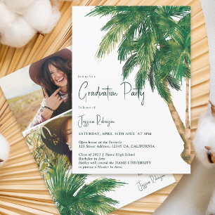 Tropical greenery script palm 3 photos graduation invitation