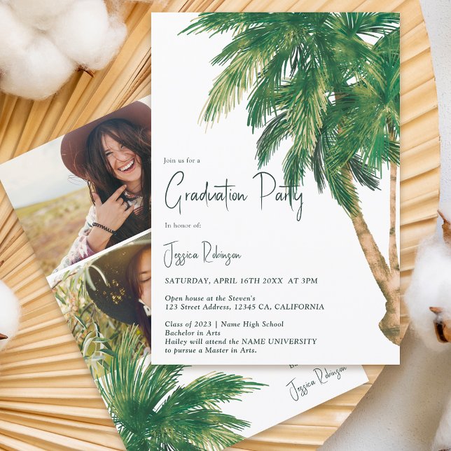 Tropical greenery script palm 3 photos graduation invitation (Creator Uploaded)