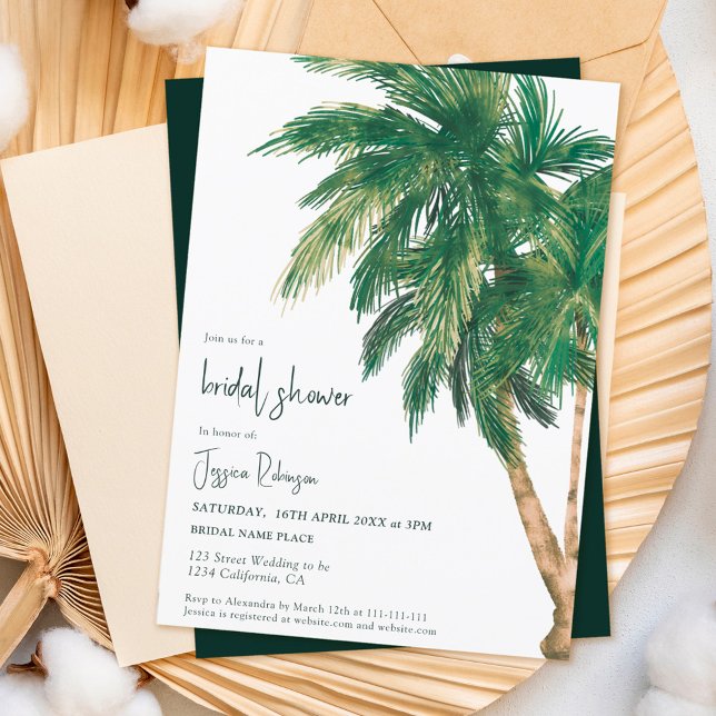 Tropical greenery script palm tree bridal shower invitation (Creator Uploaded)